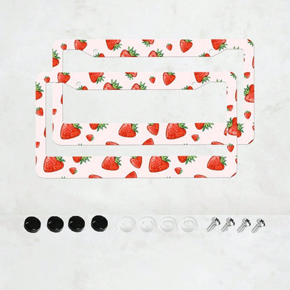 2 Pieces Of Strawberry-Patterned Aluminum License Plate Frames, Well-Fitting, Weather-Resistant And Rust-Proof Car Accessories, Strawberry Car Accessories