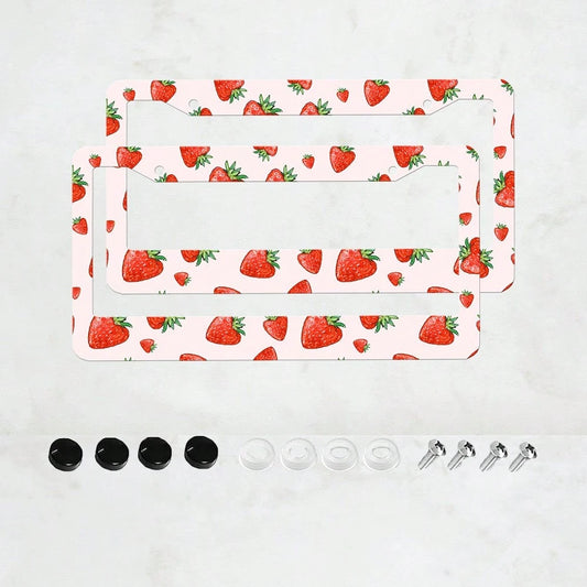 2 Pieces Of Strawberry-Patterned Aluminum License Plate Frames, Well-Fitting, Weather-Resistant And Rust-Proof Car Accessories, Strawberry Car Accessories