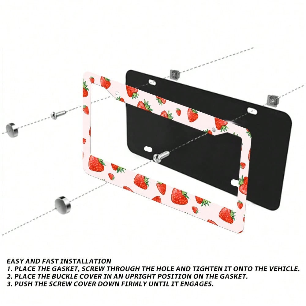 2 Pieces Of Strawberry-Patterned Aluminum License Plate Frames, Well-Fitting, Weather-Resistant And Rust-Proof Car Accessories, Strawberry Car Accessories