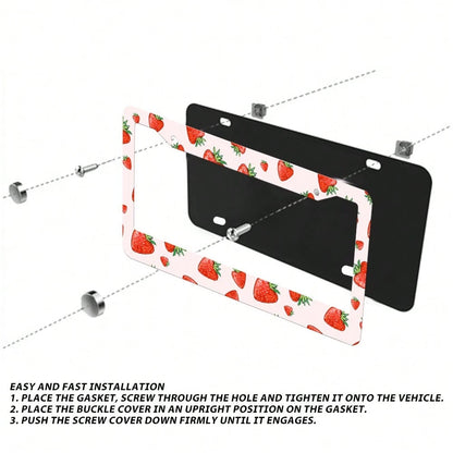 2 Pieces Of Strawberry-Patterned Aluminum License Plate Frames, Well-Fitting, Weather-Resistant And Rust-Proof Car Accessories, Strawberry Car Accessories