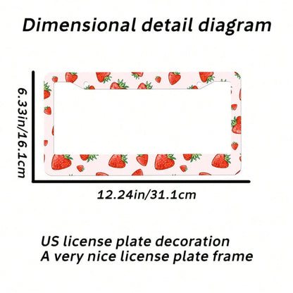 2 Pieces Of Strawberry-Patterned Aluminum License Plate Frames, Well-Fitting, Weather-Resistant And Rust-Proof Car Accessories, Strawberry Car Accessories