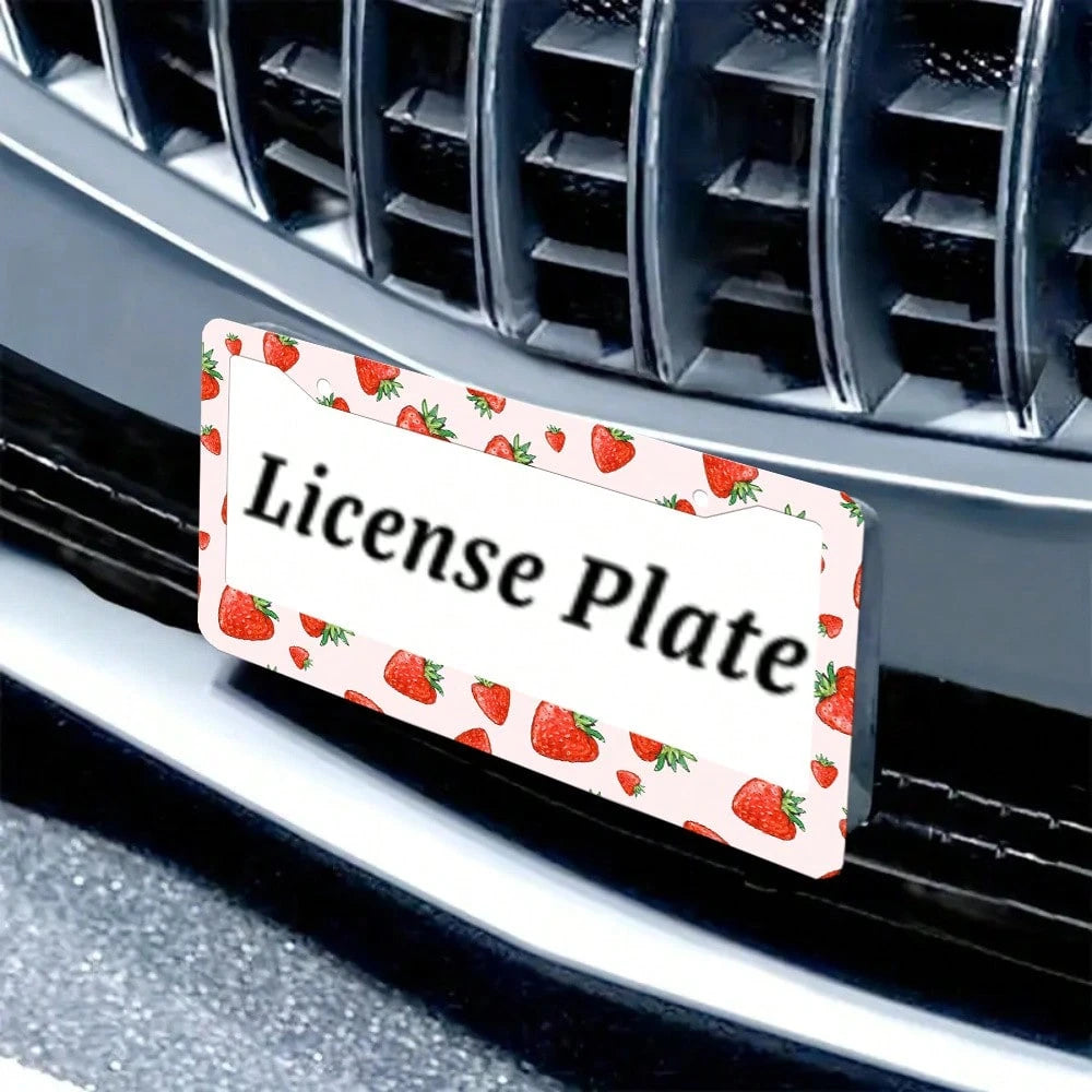 2 Pieces Of Strawberry-Patterned Aluminum License Plate Frames, Well-Fitting, Weather-Resistant And Rust-Proof Car Accessories, Strawberry Car Accessories