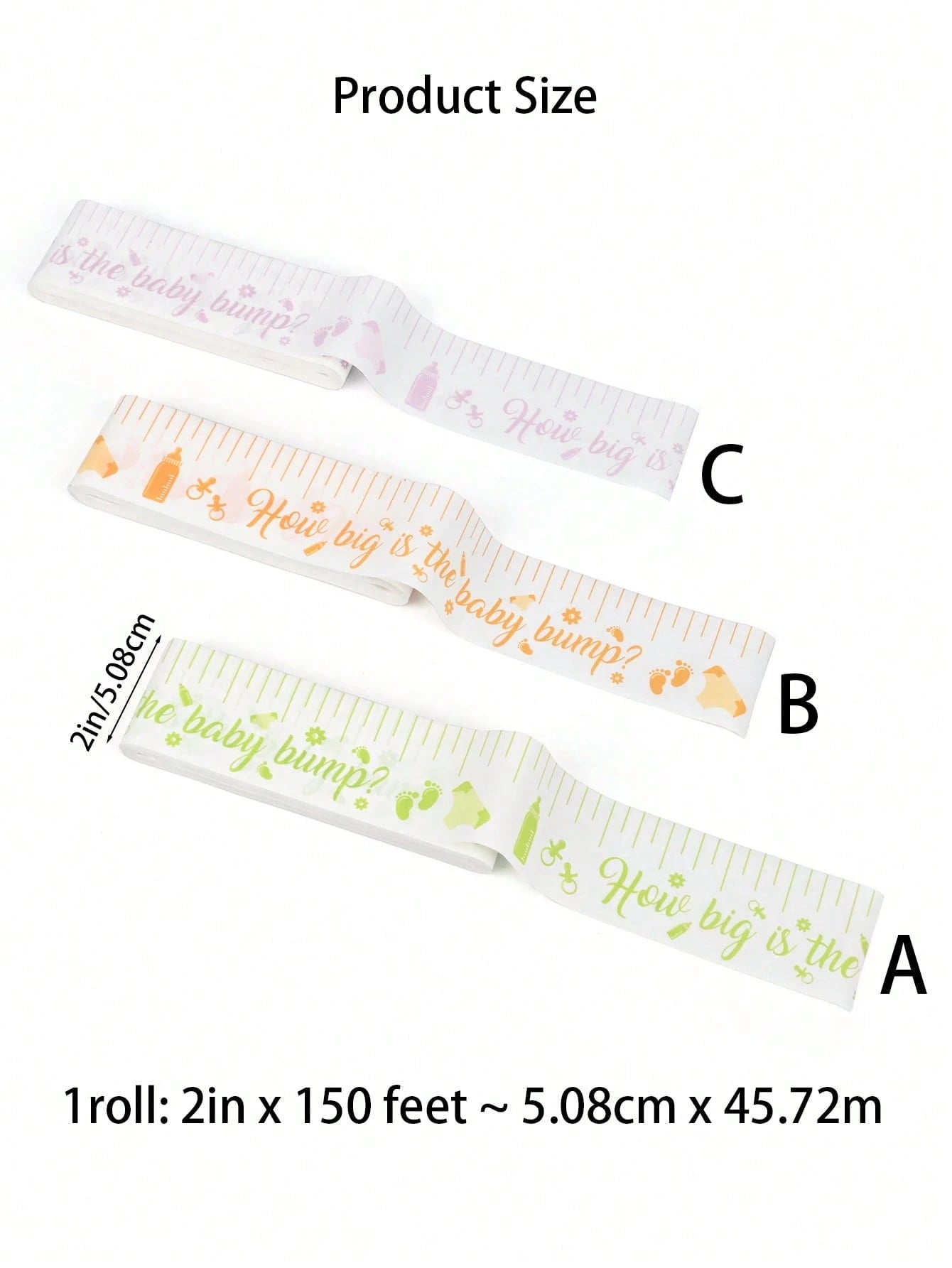 2 Rolls Baby Shower Belly Measuring Game "How Big Is Baby" Waist Measurement Tape With Gender Reveal Party Supplies, 2 Inches X 150 Feet