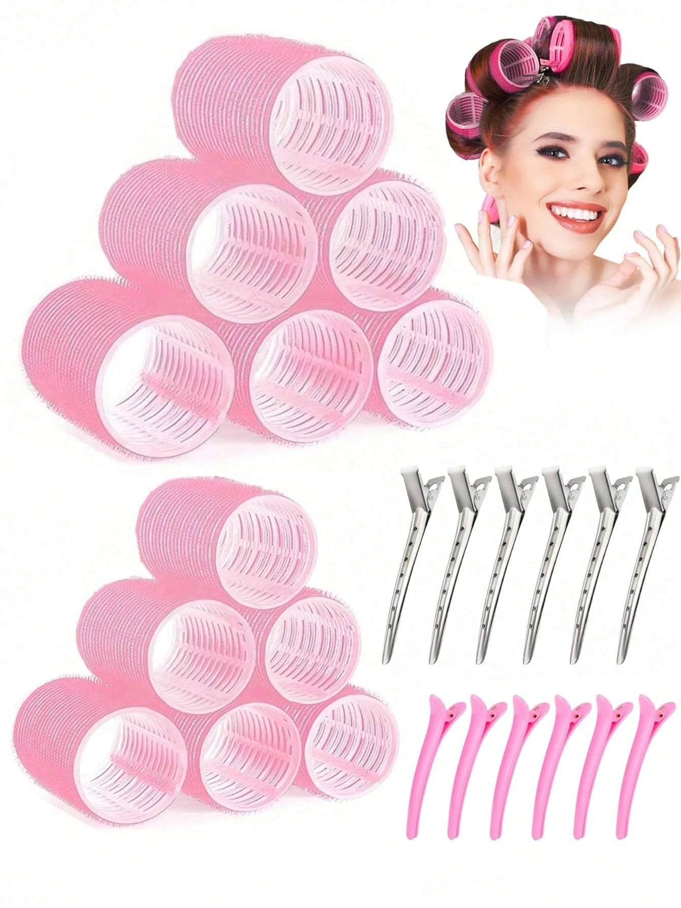 2 Sizes Hair Curlers, Hair Curlers, Suitable For Long, Medium, Short Hair, Large, Medium, Small Self-Adhesive Hair Curlers, With 12 Hair Clips, 1 Makeup Bag And 1 Claw Clip.