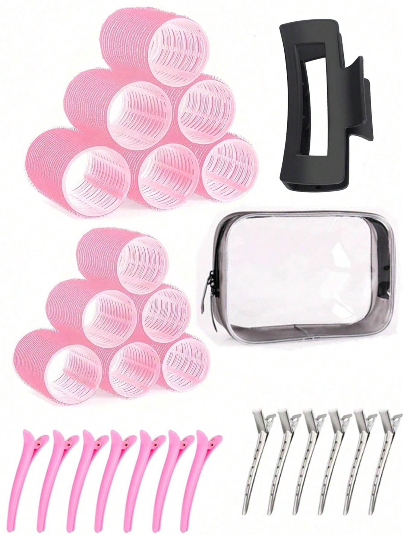 2 Sizes Hair Curlers, Hair Curlers, Suitable For Long, Medium, Short Hair, Large, Medium, Small Self-Adhesive Hair Curlers, With 12 Hair Clips, 1 Makeup Bag And 1 Claw Clip.
