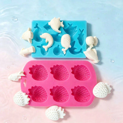 2 Styles Strawberry & Sea Animal Silicone Mold Set, Reusable DIY Epoxy Resin Casting Mould, Craft Mould For Handmade Soap, Aroma Candle, Plaster, Home Decor Ornaments