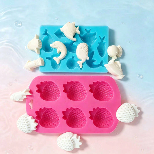 2 Styles Strawberry & Sea Animal Silicone Mold Set, Reusable DIY Epoxy Resin Casting Mould, Craft Mould For Handmade Soap, Aroma Candle, Plaster, Home Decor Ornaments