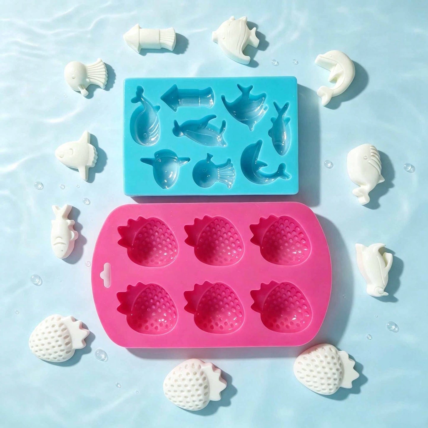 2 Styles Strawberry & Sea Animal Silicone Mold Set, Reusable DIY Epoxy Resin Casting Mould, Craft Mould For Handmade Soap, Aroma Candle, Plaster, Home Decor Ornaments