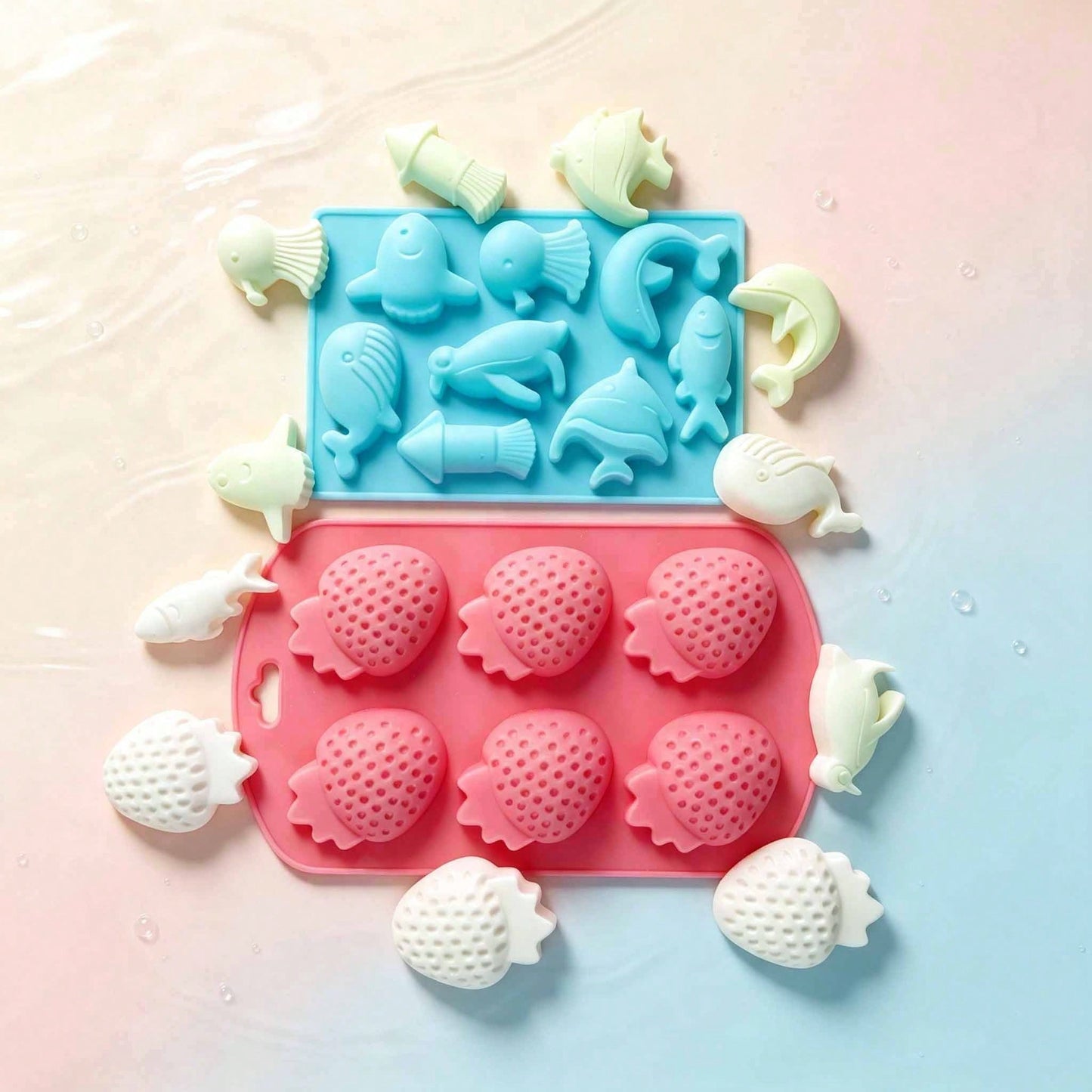 2 Styles Strawberry & Sea Animal Silicone Mold Set, Reusable DIY Epoxy Resin Casting Mould, Craft Mould For Handmade Soap, Aroma Candle, Plaster, Home Decor Ornaments