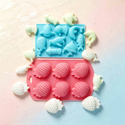 2 Styles Strawberry & Sea Animal Silicone Mold Set, Reusable DIY Epoxy Resin Casting Mould, Craft Mould For Handmade Soap, Aroma Candle, Plaster, Home Decor Ornaments