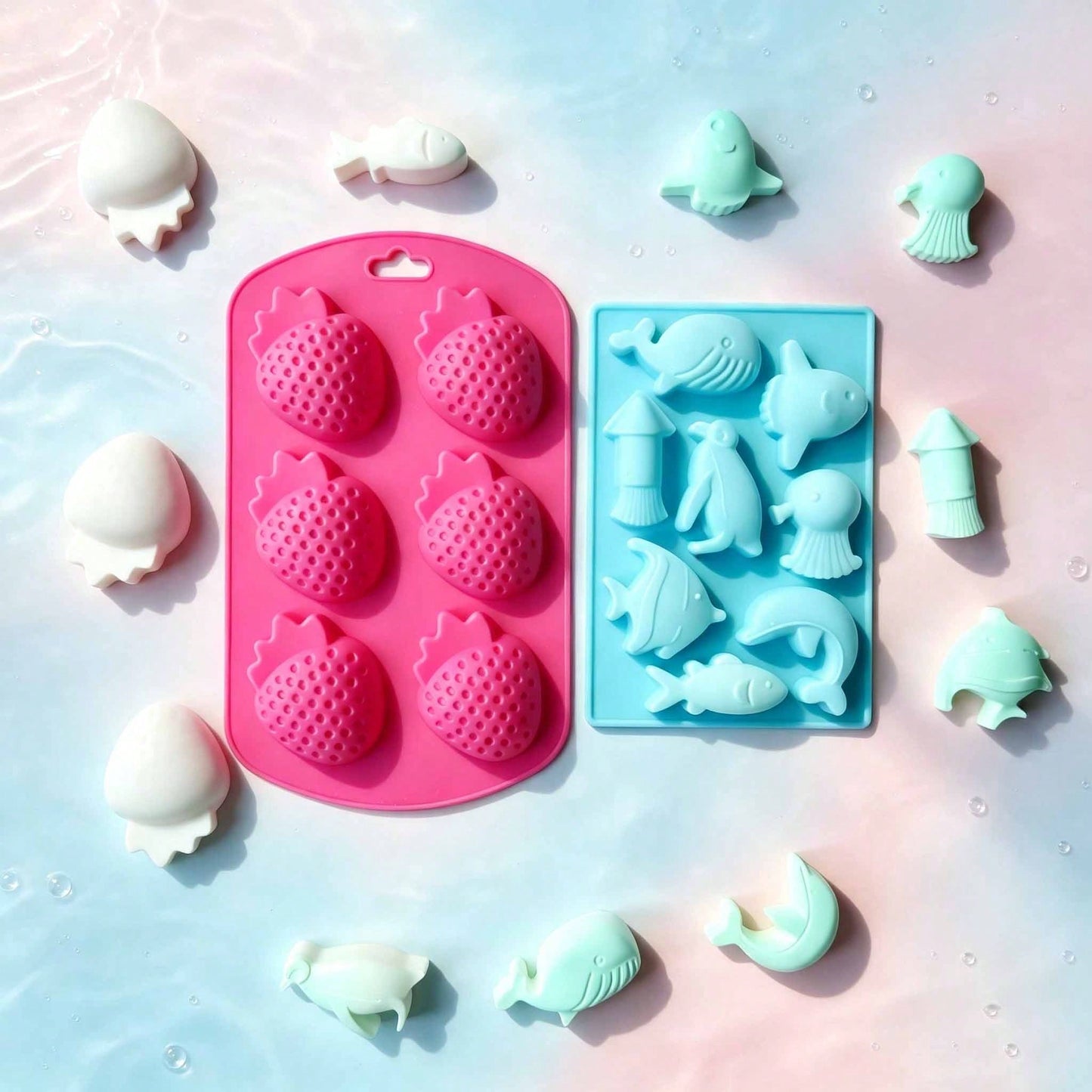 2 Styles Strawberry & Sea Animal Silicone Mold Set, Reusable DIY Epoxy Resin Casting Mould, Craft Mould For Handmade Soap, Aroma Candle, Plaster, Home Decor Ornaments