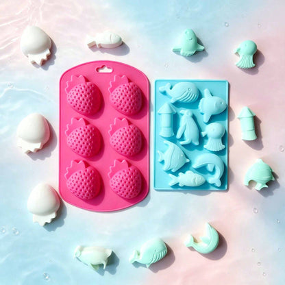 2 Styles Strawberry & Sea Animal Silicone Mold Set, Reusable DIY Epoxy Resin Casting Mould, Craft Mould For Handmade Soap, Aroma Candle, Plaster, Home Decor Ornaments