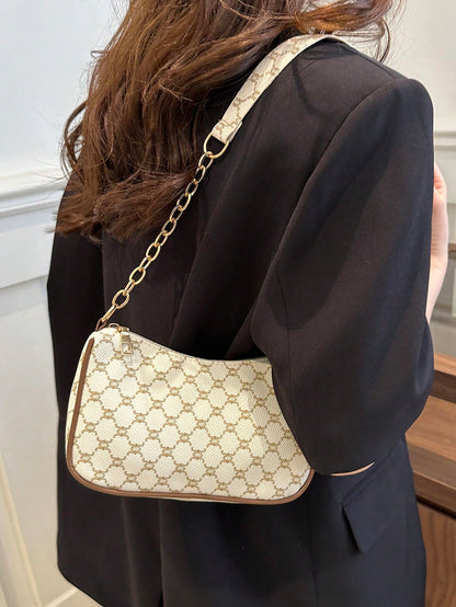 2024 Spring/Summer New Minimalist Versatile PU Armpit Bag, Fashion Linked Chain Shoulder Bag With High-Quality Feel, Handheld Bag, Small Bags, Straw Bag, White Bag