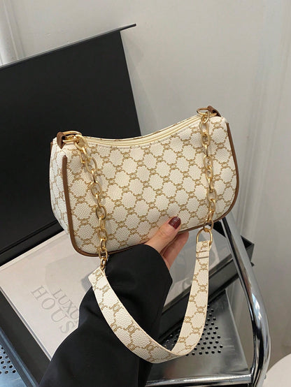 2024 Spring/Summer New Minimalist Versatile PU Armpit Bag, Fashion Linked Chain Shoulder Bag With High-Quality Feel, Handheld Bag, Small Bags, Straw Bag, White Bag