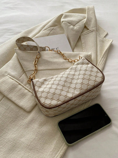 2024 Spring/Summer New Minimalist Versatile PU Armpit Bag, Fashion Linked Chain Shoulder Bag With High-Quality Feel, Handheld Bag, Small Bags, Straw Bag, White Bag