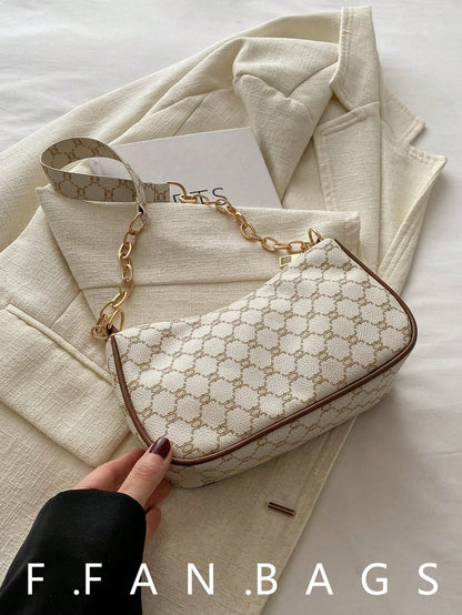 2024 Spring/Summer New Minimalist Versatile PU Armpit Bag, Fashion Linked Chain Shoulder Bag With High-Quality Feel, Handheld Bag, Small Bags, Straw Bag, White Bag