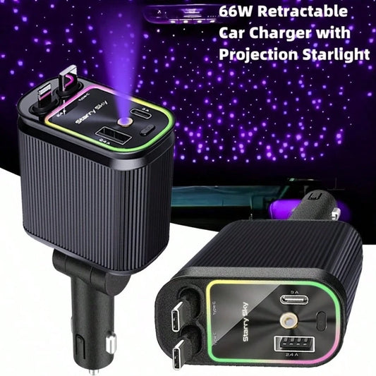2025 Retractable Car Charger With Projection Light Starry Sky,66W 4 In 1 Super Fast Charge Car Phone Charger,Retractable Cables (31.5 Inch) And 2 USB Ports Car Charger Adapter For IOS,IPad,,Pixel And