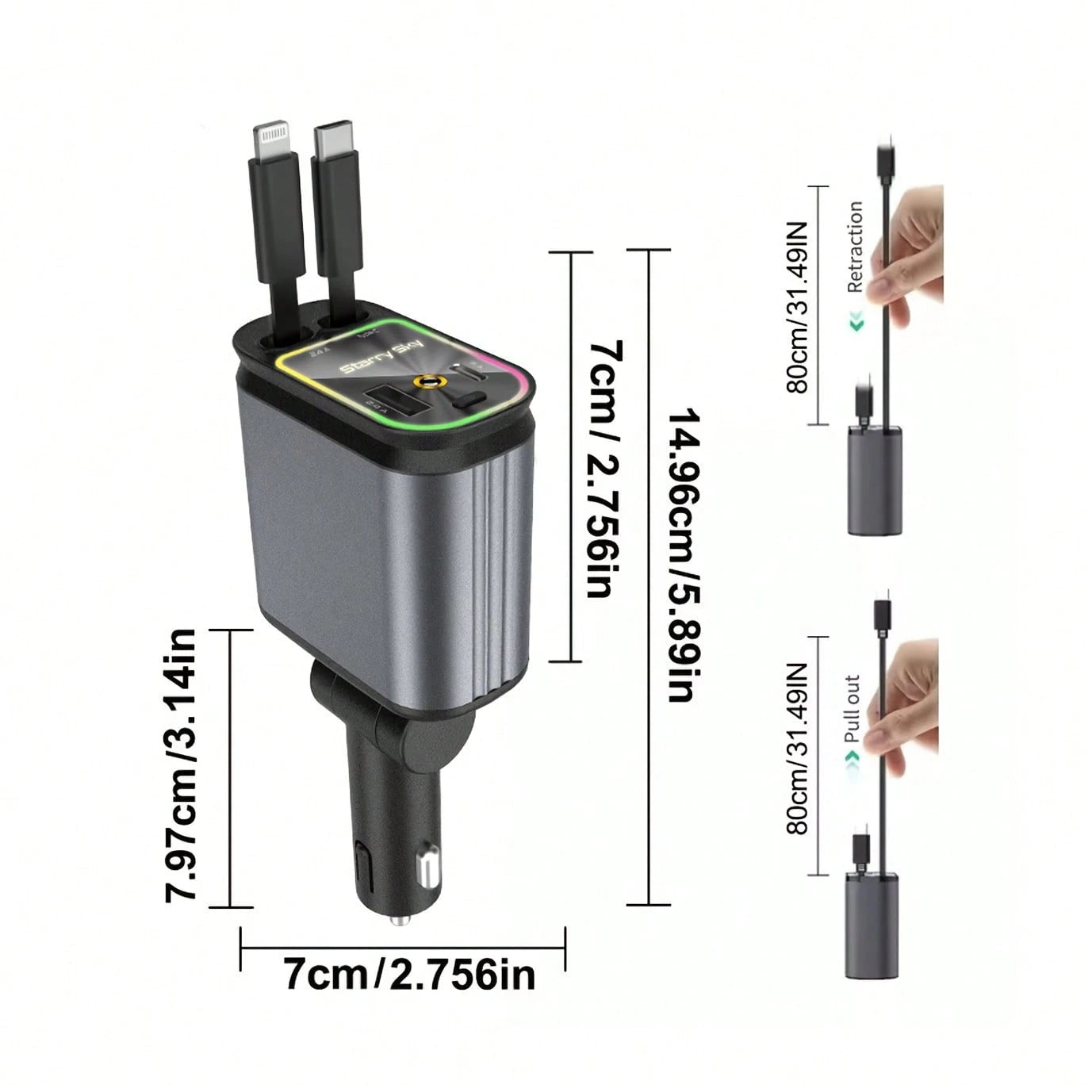 2025 Retractable Car Charger With Projection Light Starry Sky,66W 4 In 1 Super Fast Charge Car Phone Charger,Retractable Cables (31.5 Inch) And 2 USB Ports Car Charger Adapter For IOS,IPad,,Pixel And