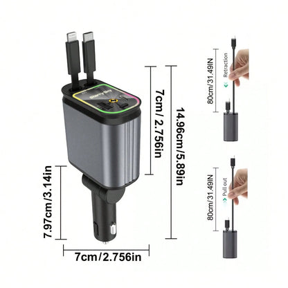 2025 Retractable Car Charger With Projection Light Starry Sky,66W 4 In 1 Super Fast Charge Car Phone Charger,Retractable Cables (31.5 Inch) And 2 USB Ports Car Charger Adapter For IOS,IPad,,Pixel And