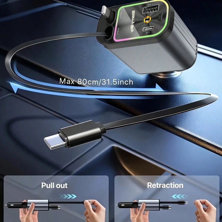 2025 Retractable Car Charger With Projection Light Starry Sky,66W 4 In 1 Super Fast Charge Car Phone Charger,Retractable Cables (31.5 Inch) And 2 USB Ports Car Charger Adapter For IOS,IPad,,Pixel And