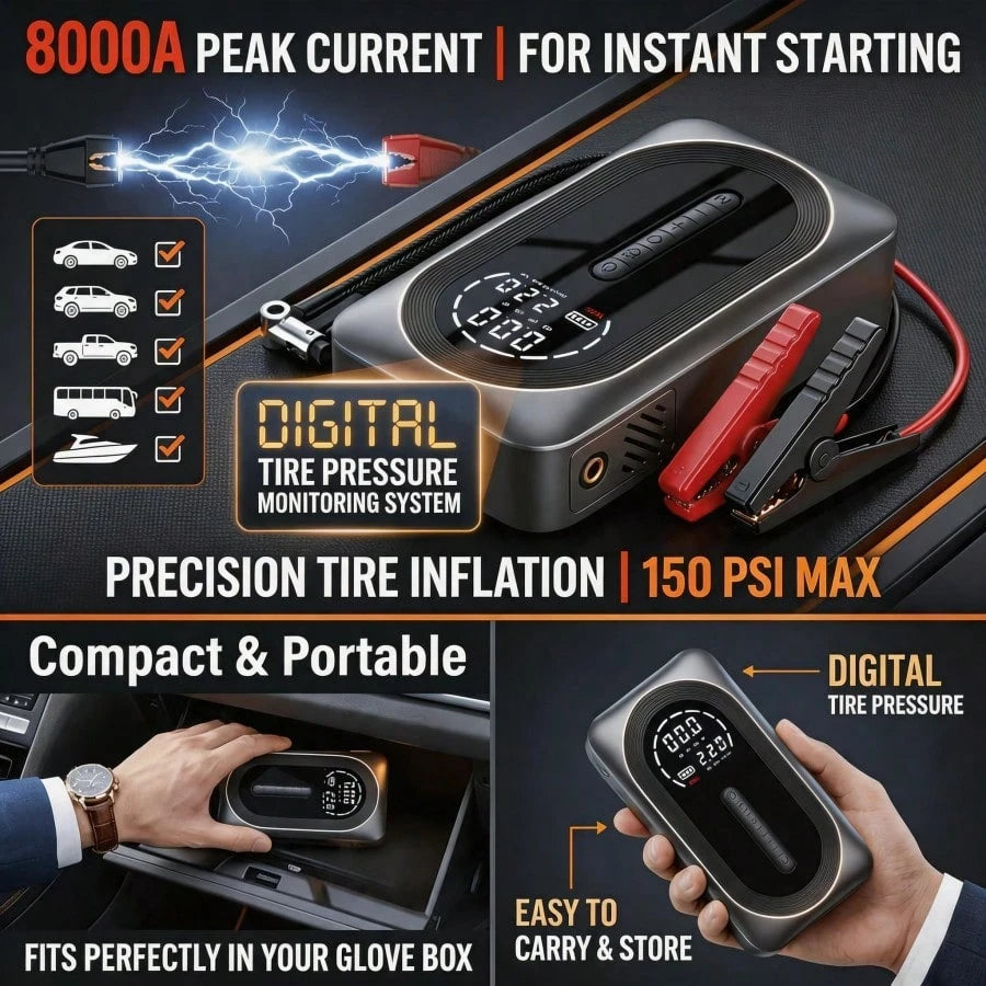 2026 Heavy Duty Car Jump Starter With 150 PSI Compressor Multi-Function Air Pump, LCD Screen, Digital Display, LED Flashlight, Suitable For 8.5L Gasoline Or 7.0L Vehicles,/Car Accessories/Repair Tool