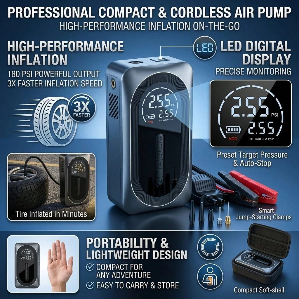 2026 Heavy Duty Car Jump Starter With 150 PSI Compressor Multi-Function Air Pump, LCD Screen, Digital Display, LED Flashlight, Suitable For 8.5L Gasoline Or 7.0L Vehicles,/Car Accessories/Repair Tool