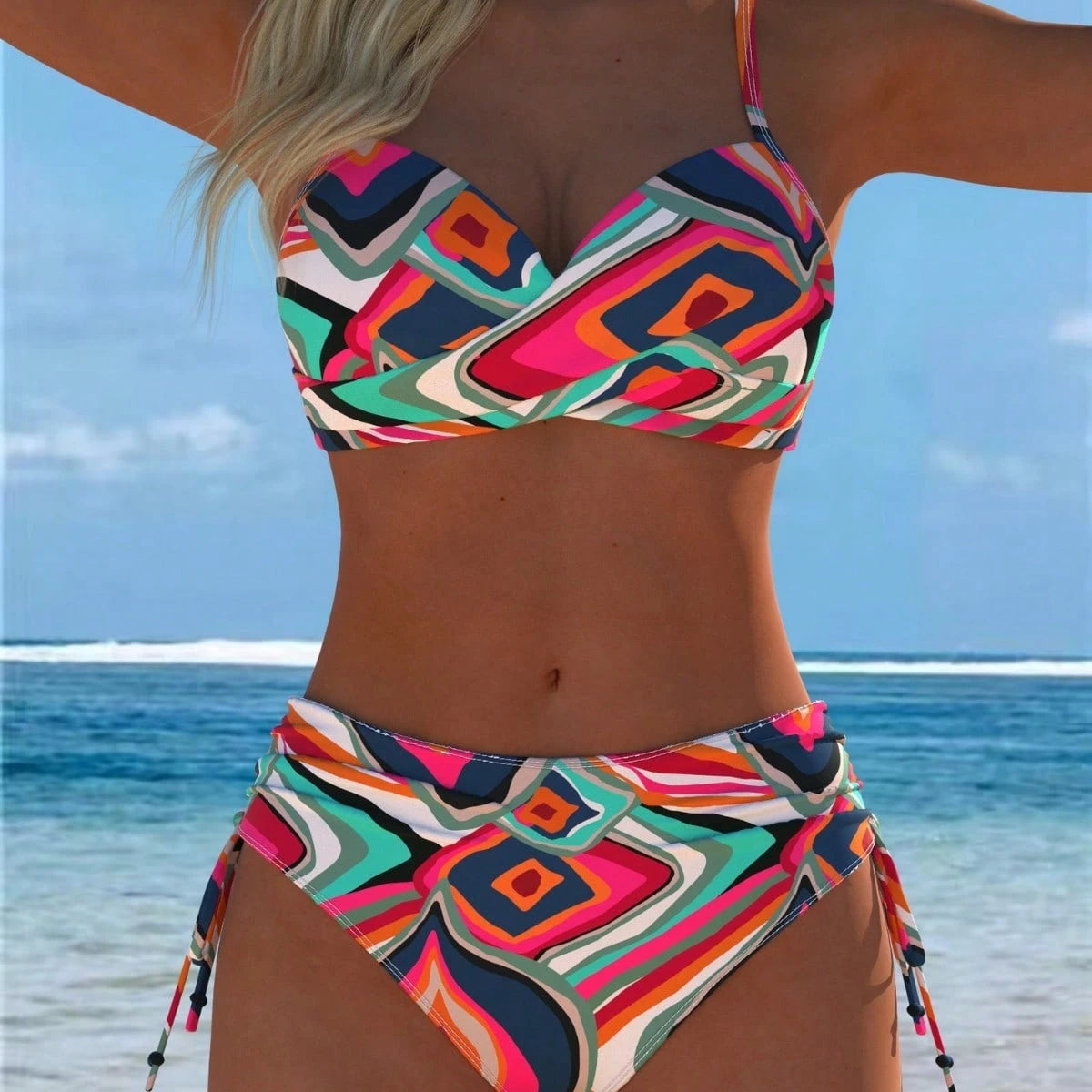 2026 Hot-Selling Summer European And American Sexy Personalized Printed Strap Slim-Fit Tie-Up Bikini Set Swimsuit For Women