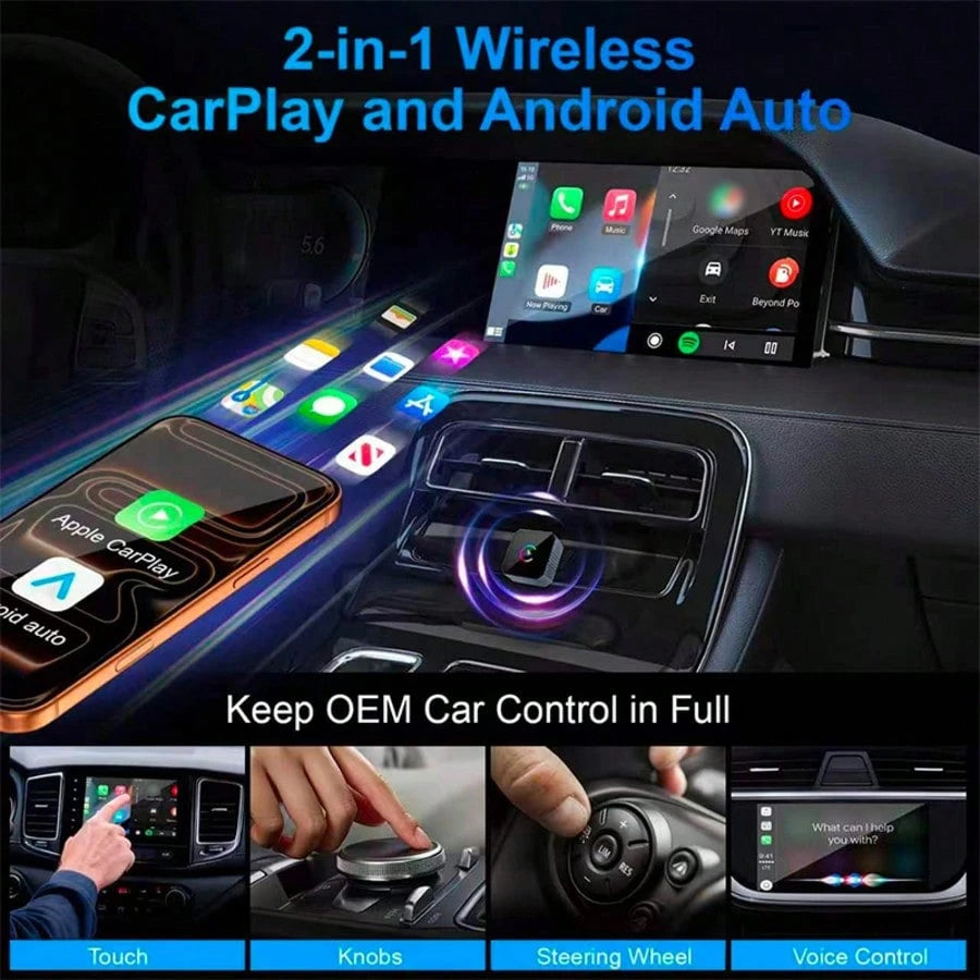 2026 New 2-In-1 Wireless CarPlay & Android Auto Adapter, Fast Connection, Stable Low-Latency, Wired To Wireless, Plug And Play, Car Audio Upgrade Accessory, Compatible With IOS & Android Devices