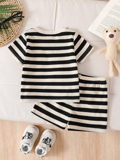 2026 New Boys Summer Black & White Thin Striped Short Sleeve Set, 3D Bear Embroidery Round Neck T-Shirt With Elastic Waist Shorts, Baby Outing Clothes, Simple Casual Non-Deforming, 1st Birthday Gift