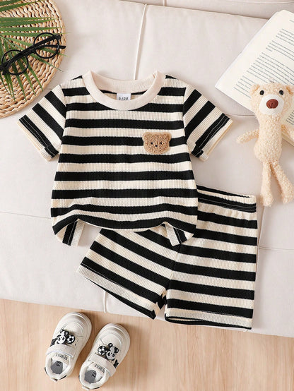 2026 New Boys Summer Black & White Thin Striped Short Sleeve Set, 3D Bear Embroidery Round Neck T-Shirt With Elastic Waist Shorts, Baby Outing Clothes, Simple Casual Non-Deforming, 1st Birthday Gift
