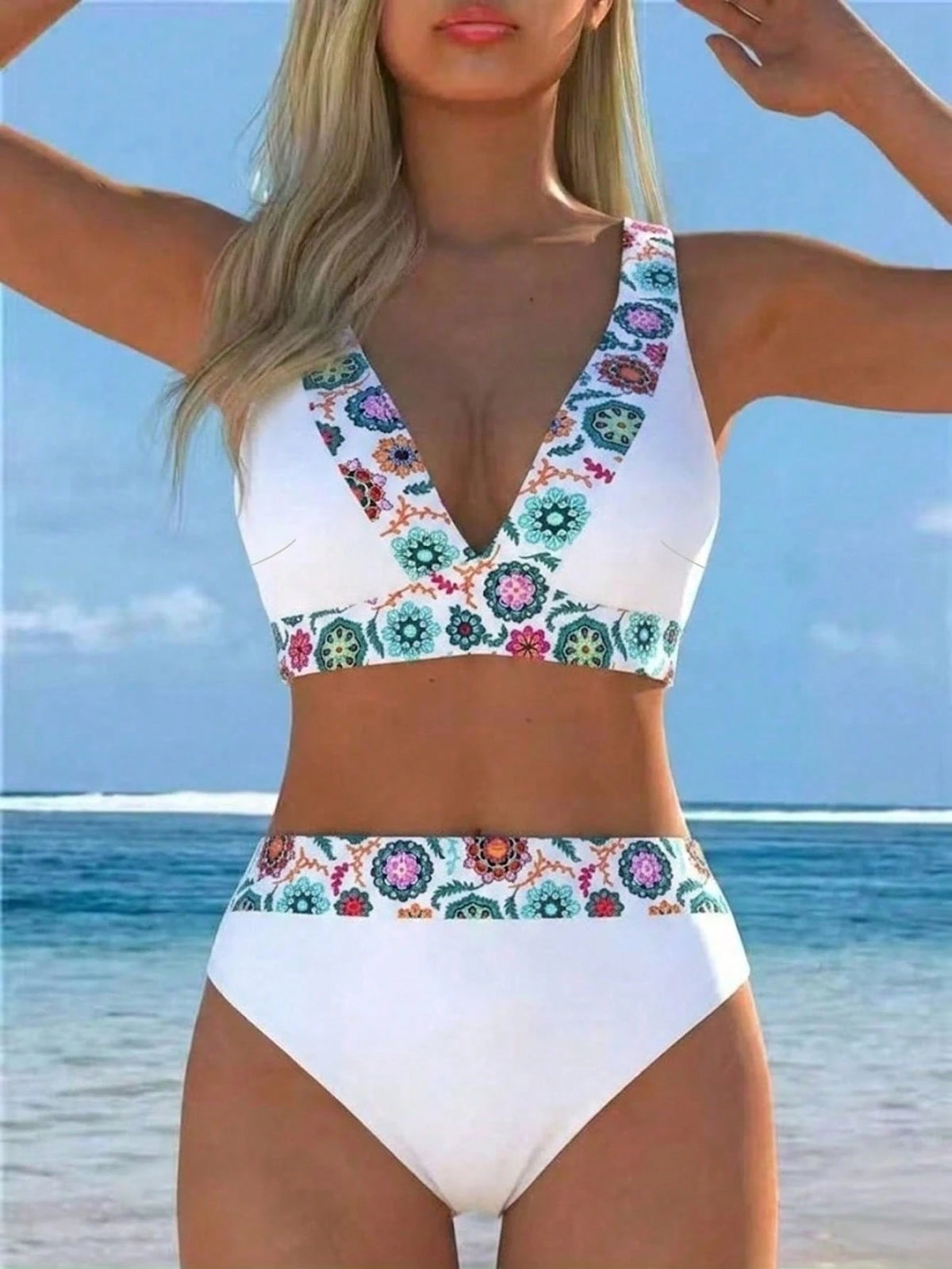 2026 New Women's Lace Decor 2 Pieces Bikini Set, Deep V-Neck Crop Top With High-Waist Swim Bottoms, Elegant Vacation Swimwear Beach Summer