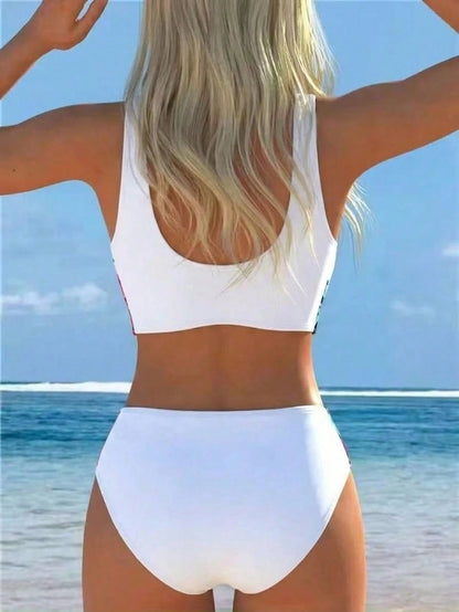 2026 New Women's Lace Decor 2 Pieces Bikini Set, Deep V-Neck Crop Top With High-Waist Swim Bottoms, Elegant Vacation Swimwear Beach Summer