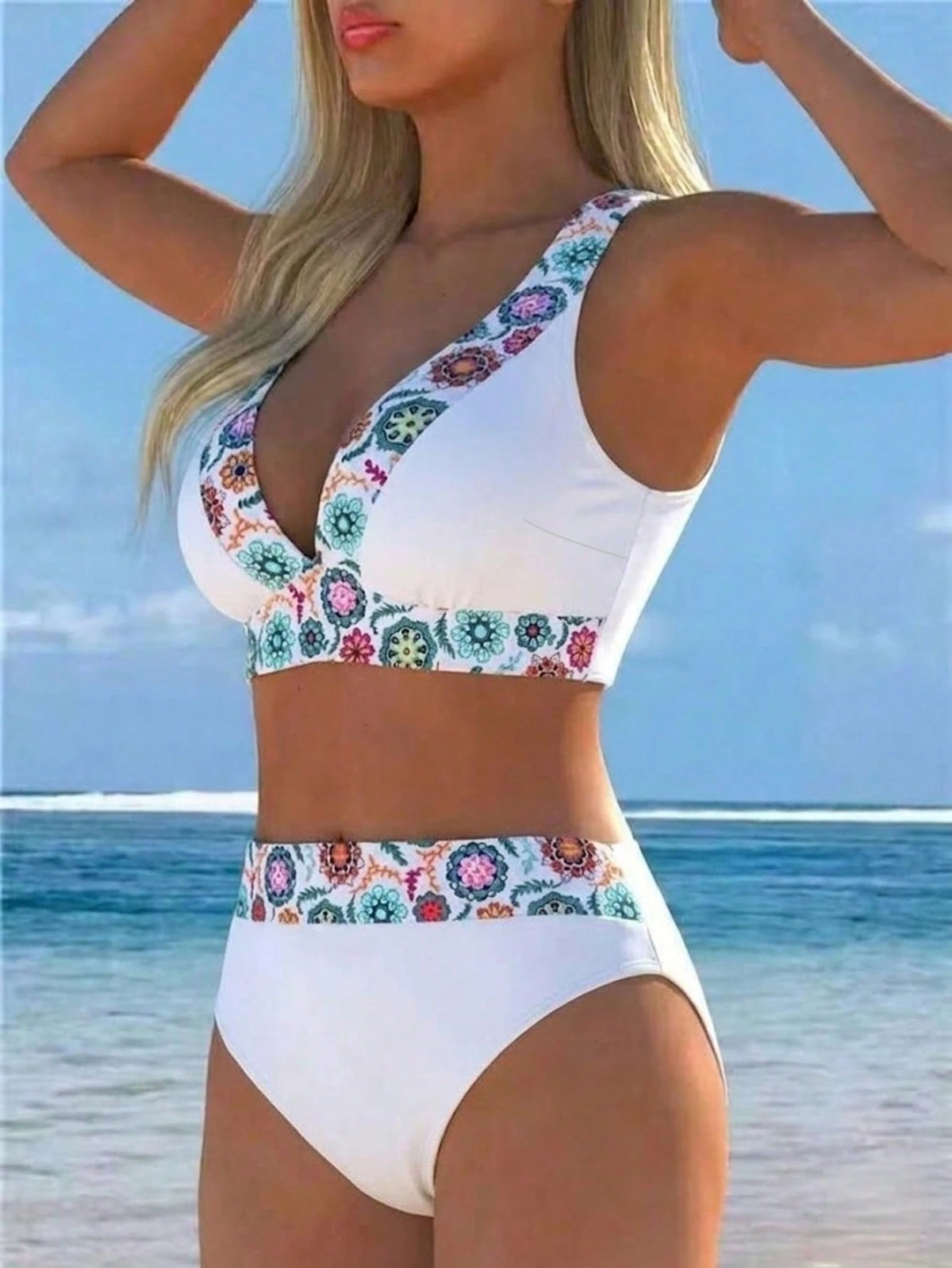 2026 New Women's Lace Decor 2 Pieces Bikini Set, Deep V-Neck Crop Top With High-Waist Swim Bottoms, Elegant Vacation Swimwear Beach Summer
