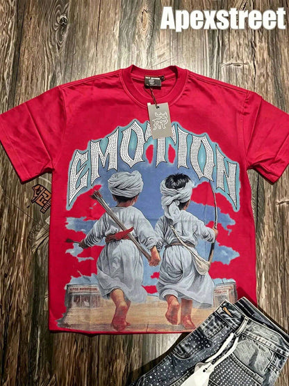 2026 Summer New Men'sMixed Emotion Graphic Tee, Oversized Vintage Minimalist Hip-Hop Streetwear, Cotton Casual Outdoor Summer Vacation Daily Top