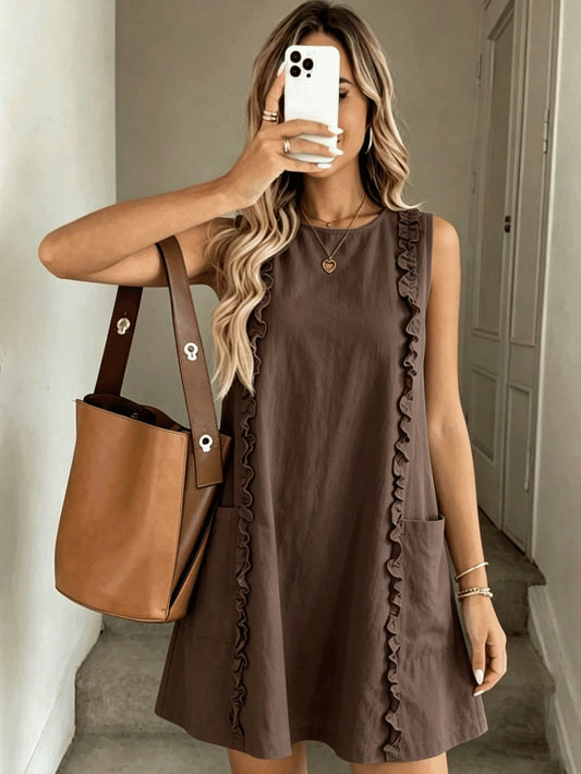 2026 Women's Casual Sleeveless Ruffle Mini Dress, Round Neck Loose A-Line Fit With Side Pockets, Summer Everyday Wear Elegant Brown