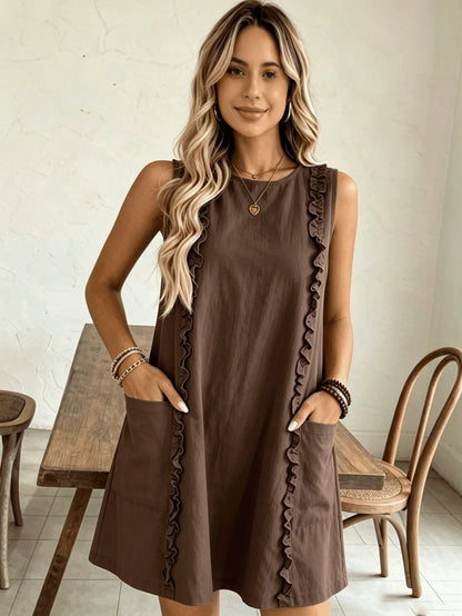 2026 Women's Casual Sleeveless Ruffle Mini Dress, Round Neck Loose A-Line Fit With Side Pockets, Summer Everyday Wear Elegant Brown