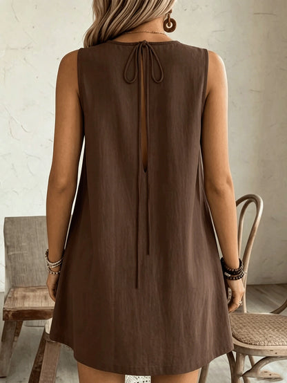 2026 Women's Casual Sleeveless Ruffle Mini Dress, Round Neck Loose A-Line Fit With Side Pockets, Summer Everyday Wear Elegant Brown