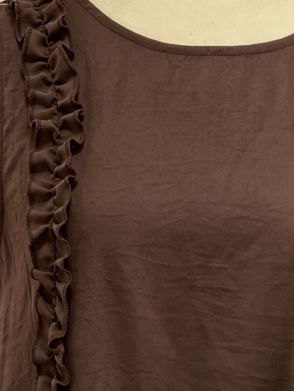 2026 Women's Casual Sleeveless Ruffle Mini Dress, Round Neck Loose A-Line Fit With Side Pockets, Summer Everyday Wear Elegant Brown
