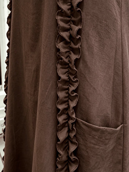 2026 Women's Casual Sleeveless Ruffle Mini Dress, Round Neck Loose A-Line Fit With Side Pockets, Summer Everyday Wear Elegant Brown
