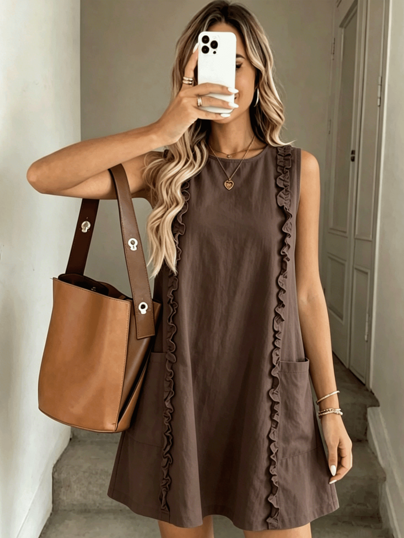 2026 Women's Casual Sleeveless Ruffle Mini Dress, Round Neck Loose A-Line Fit With Side Pockets, Summer Everyday Wear Elegant Brown