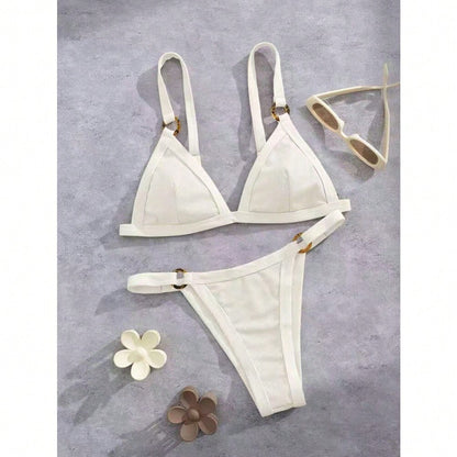2026 Women's Color Block Bikini, White Trim Triangle Top & High Cut Bottoms For Beach