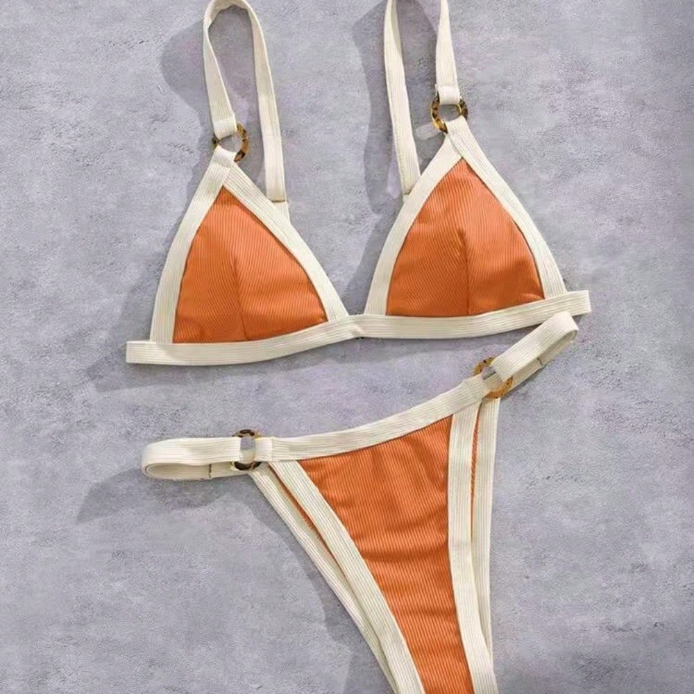 2026 Women's Color Block Bikini, White Trim Triangle Top & High Cut Bottoms For Beach