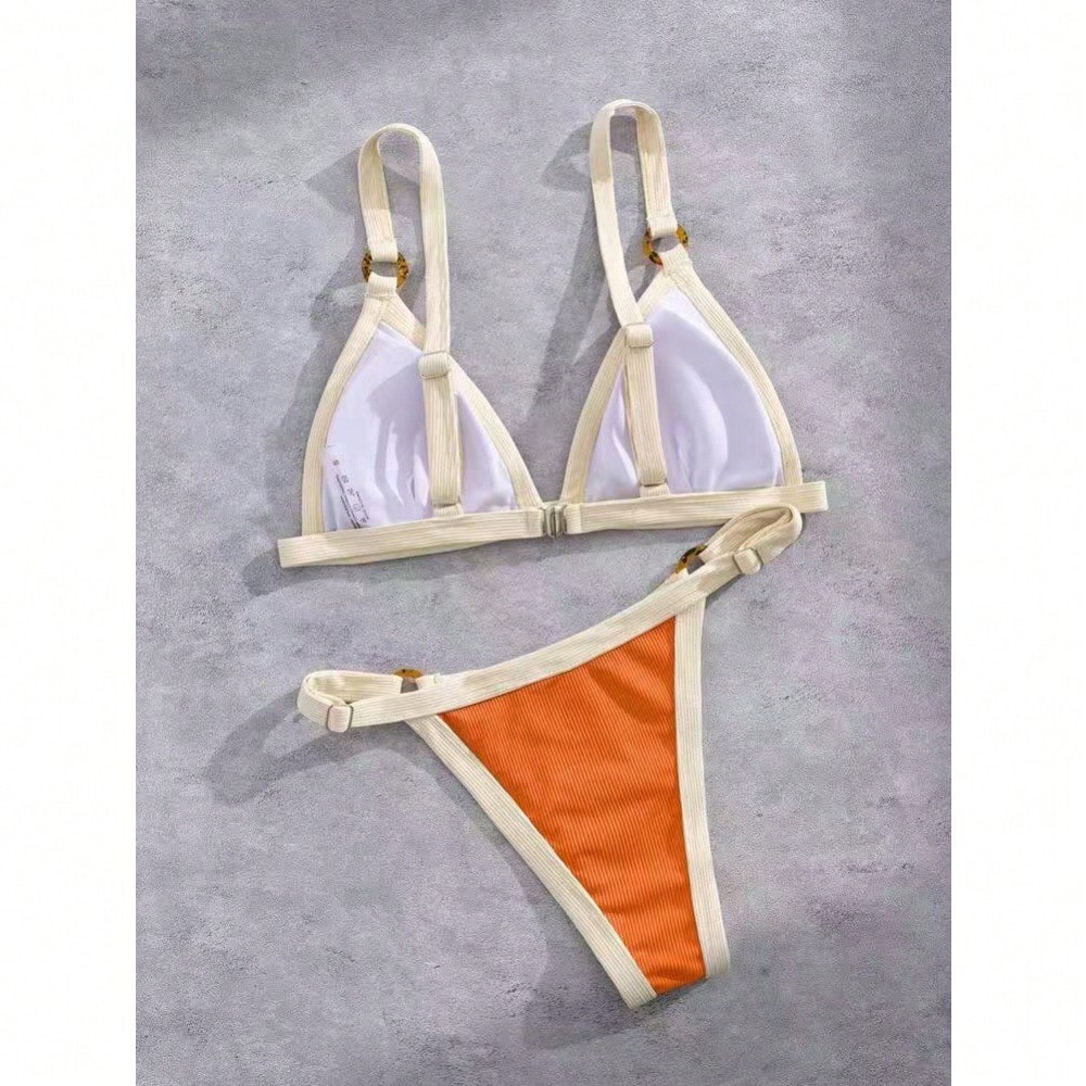 2026 Women's Color Block Bikini, White Trim Triangle Top & High Cut Bottoms For Beach