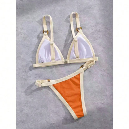 2026 Women's Color Block Bikini, White Trim Triangle Top & High Cut Bottoms For Beach