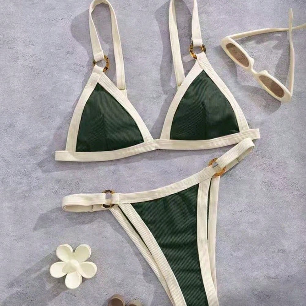 2026 Women's Color Block Bikini, White Trim Triangle Top & High Cut Bottoms For Beach