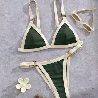 2026 Women's Color Block Bikini, White Trim Triangle Top & High Cut Bottoms For Beach
