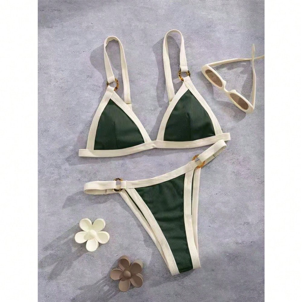 2026 Women's Color Block Bikini, White Trim Triangle Top & High Cut Bottoms For Beach