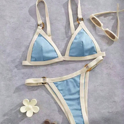 2026 Women's Color Block Bikini, White Trim Triangle Top & High Cut Bottoms For Beach