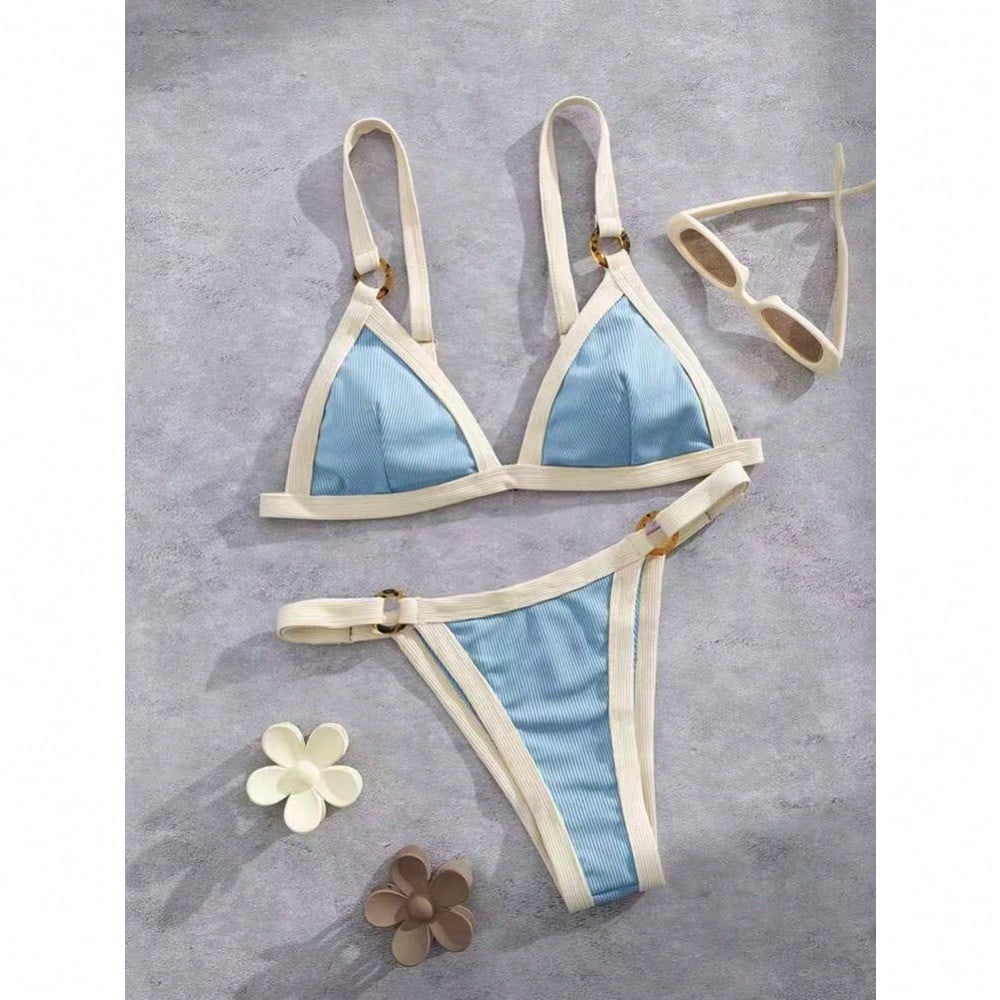 2026 Women's Color Block Bikini, White Trim Triangle Top & High Cut Bottoms For Beach