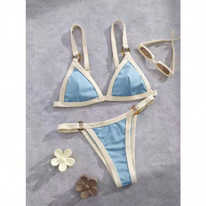 2026 Women's Color Block Bikini, White Trim Triangle Top & High Cut Bottoms For Beach